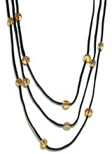 Rush Collection Genuine Black Leather 3 Strand Necklace With Topaz Colored Faceted Crystal Stations