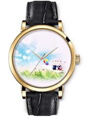 SPRAWL Aanalog Fashion Series Gold Ladies Watches of Genuine Black Leather Strap,Unique Wrist Watch for Women Girls Designed with Bunnies in grass