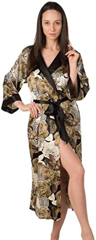 Dynasty Robes 100% Silk, Women's Printed Long Robe with Shawl Collar-Vintage Rose