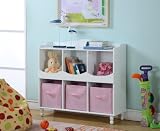 Kings Brand R1014 Wood 6 Cubby Storage Cabinet with 3 Pink Fabric Bins, White Finish