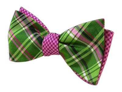 100% Woven Silk Kelly Green and Pink Plaiditude Tooth Reversible Self-Tie Bow...