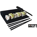 Mashta Sushi Making Kit Non Stick Silicone -Rolling Mat, Spatula and 2 Chopsticks Included, Black