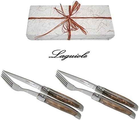 Laguiole - Exclusive Amboyna Burl Wood - Steak Knives + Steak Forks Set - Blade: Sharp + Smooth - Shepherd's Cross on Handles (Quality Family Wood Table Flatware Place Setting - Direct From France)