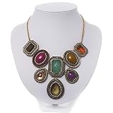 Vintage Mutlicoloured Jewelled 'Bib Style' Necklace In Bronze Tone Metal - 36cm Length (5cm extension)
