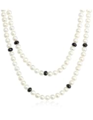 Faceted Black Onyx Rondelle White Freshwater Cultured Pearl Endless Necklace, 60"