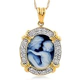 14K Yellow Gold 0.20 Carat Diamond Mother Holding Her Child Cameo Pendant w/Chain 18