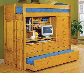 Kid child pine solid wood twin over twin loft bunk bed with student study computer desk