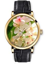SPRAWL Aanalog Fashion Series Gold Ladies Watches of Genuine Black Leather Strap,Unique Wrist Watch for Women Girls Designed with white Flowers