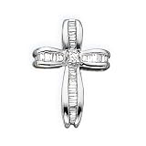 14K White Gold 3/8 ct. Round and Baguette Cut Diamond Cross Pendant with Chain