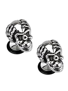 Buy fake body jewelry - Metallic Skull Screw On Cheater Plugs (18 Gauge) - Steel Skeleton Skull Fake Plug (Imitates 2 Gauge) Body Jewelry (2 Piece Pair)
