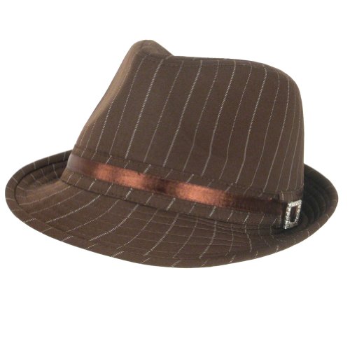 PINSTRIPE STINGY BRIM BELT CRYS FEDORA TRILBY HAT BROWN SMALL / MEDIUM