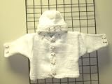 Ck83w, Knitted on Hand Knitting Machine Then Finished By Hand Crochet Infant Girls Outfit, Containing White Chenille Cardigan Sweater, Hat Set Trimmed with Mini Rosebuds.