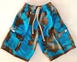 Mens "Flow-Pow" Long Swim Trunks with drawstring waist, slit pockets and side flap pockets, Loop in back, fully lined. Cobalt/Brown in sizes S-XXL.