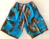 Mens "Flow-Pow" Long Swim Trunks with drawstring waist, slit pockets and side flap pockets, Loop in back, fully lined. Cobalt/Brown in sizes S-XXL.