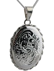 British Jewellery Workshops Silver 29x22mm engraved twisted wire edge oval Locket with Curb chain