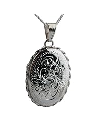 British Jewellery Workshops Silver 29x22mm engraved twisted wire edge oval Locket with Curb chain