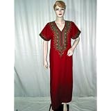 Embroidered Cotton Caftan Kaftan for Night Wear or Casual Lounge Dress Apple Red V-neckline Size L Free Shipping