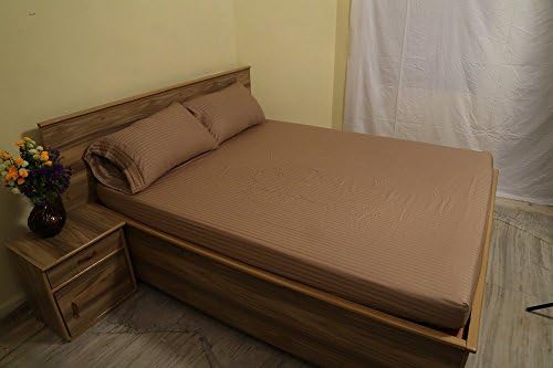 Whasmos Decor Organic Cotton 500-Thread-Count (1 PCs-Fitted Sheet+17 Inch Drop &amp; 2 PCs-Pillow Case) Taupe Stripe Short Queen Size !! (Top/Flat Sheet Not Included This Set)
