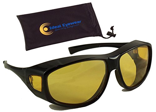 Night Driving Fit Over Glasses by Ideal Eyewear - Wear Over Prescription Glasses - Yellow Lens for Better Night Vision (Black Frame with case, Medium)