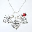 Double Sided Heart Pendants in Sterling Silver with Coral Bead on a 16" Diamond Cut Rhodium and Sterling Ball Chain, #8307
