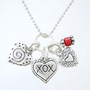 Double Sided Heart Pendants in Sterling Silver with Coral Bead on a 16" Diamond Cut Rhodium and Sterling Ball Chain, #8307