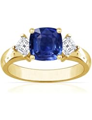 14K Yellow Gold Cushion Cut Blue Sapphire Three Stone Ring