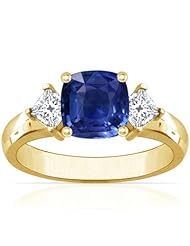18K Yellow Gold Cushion Cut Blue Sapphire Three Stone Ring