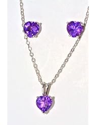 3 Carat Amethyst Genuine Heart Earrings and Pendant Set Sterling Silver
