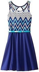 Girls Belted Cutout Polyester/Ponte/Spandex Chevron Print  Dress