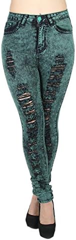 XH9002W - High Waist Color Acid Wash Skinny Distressed Ripped Destroyed Jeans in Green Size 7