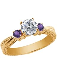 1.20 Ct Round H/I Diamond Purple Amethyst 18K Yellow Gold 3-Stone Ring