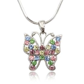 Multi Colored Crystal Butterfly Pendant Necklace Fashion Jewelry