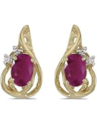 14k Yellow Gold Oval Ruby And Diamond Teardrop Earrings