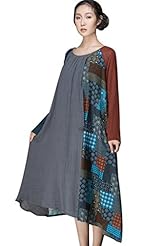 Cotton/Linen Round Neck Long Sleeves Pleated Floral Print Geometric Print  Dress