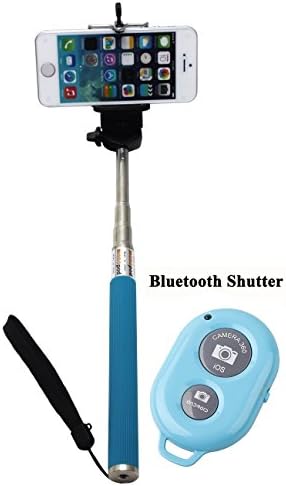Gopromate(TM) Extendable Self Portrait Handheld Stick Monopod with Adjustable Phone Holder and Blue Bluetooth Remote Wireless Shutter for iPhone, Samsung, HTC, Sony and other IOS and Android Smart phones (Blue Monopod & Bluetooth Shutter)