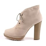 Damen Schuhe, STIEFELETTEN, SCHNÜR BOOTS, 6180-GA, Synthetik in hochwertiger Wild Leder Optik, Beige, Gr 39