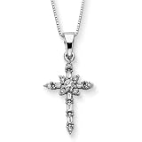 10K White Gold 1/4 ct. Round and Baguette Cut Diamond Cross Pendant with Chain