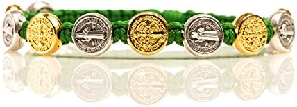 Catholic St. Benedict Bracelet, Green Blessing Bracelet with Gold and Silver Medals. This Bracelet Is Hand-made in Medjugorje At the Base of Apparition Hill, Where It Is Reported That the Blessed Virgin Mary Started Appearing to a Group of Children in 1981. Each Bracelet Is Made Using 10 Benedictine Medals and a "Blessed" Tag, and Comes Mounted on a Card Telling the Story of Medjugorje and the Powerful Benedictine Medal.