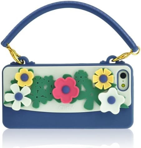 FJX Stylish 3D Romantic Flowers Pattern Handbag Style Soft Silicone Case Cover for Apple iphone 5/5G/5th (Navy Blue)