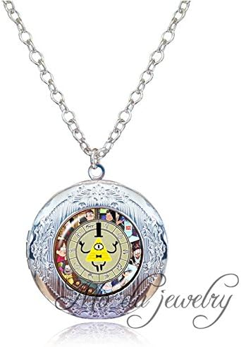 PreSea Antique Silver Locket Necklace Gravity Falls Bill Cipher Wheel Pendant Glass Dome Photo Choker Cartoon Necklace Fashion Jewelry