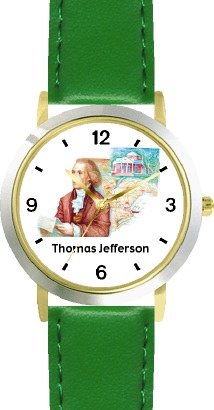 President Thomas Jefferson and Monticello American Theme - WATCHBUDDY® DELUXE TWO-TONE THEME WATCH - Arabic Numbers - Green Leather Strap-Children's Size-Small ( Boy's Size & Girl's Size )