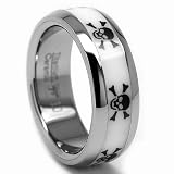 8MM Titanium Ring with White Ceramic Inlay, Laser Etched Skull Design Sizes 8 to 12