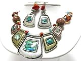 Beautiful Icon Collection Antique Silver Abalone Shell and Genuine Stone Bib Necklace and Earrings Set
