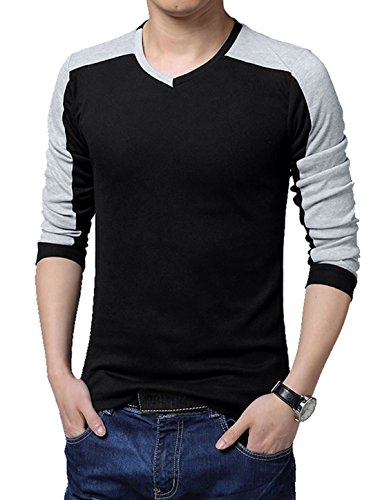 uxcell Men V Neck Long Sleeves Color Block Casual T-Shirt