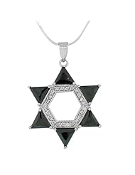 Sterling Silver Jewish Large Star David Black White Crystals Pendant Necklace