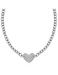 Sterling Silver Rhodium Plated Chain Bracelet with a Flat Heart Motif Station