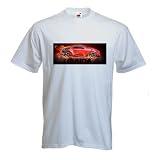 Personalised white unisex TShirt - Burning Hot Sports Car Design - Maina (Size L)