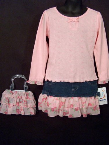 BT Kids Toddler Girls Girls New Fall Winter Denim Flowered Tiered Scooter Skirt and Pink Long Sleeved Top Set with Matching Purse 6