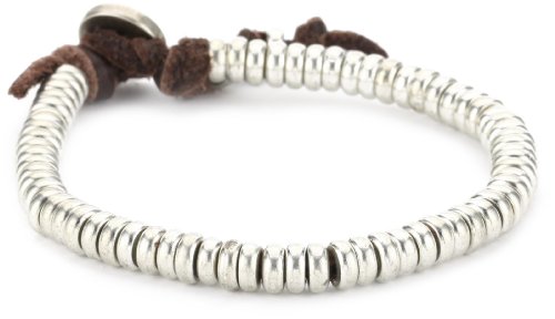 Ettika Silver Colored Flat Nugget Bead Brown Deerskin Leather Bracelet