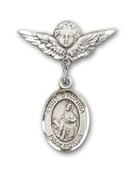 Sterling Silver Baby Badge with St. Dymphna Charm and Angel with Wings Badge Pin